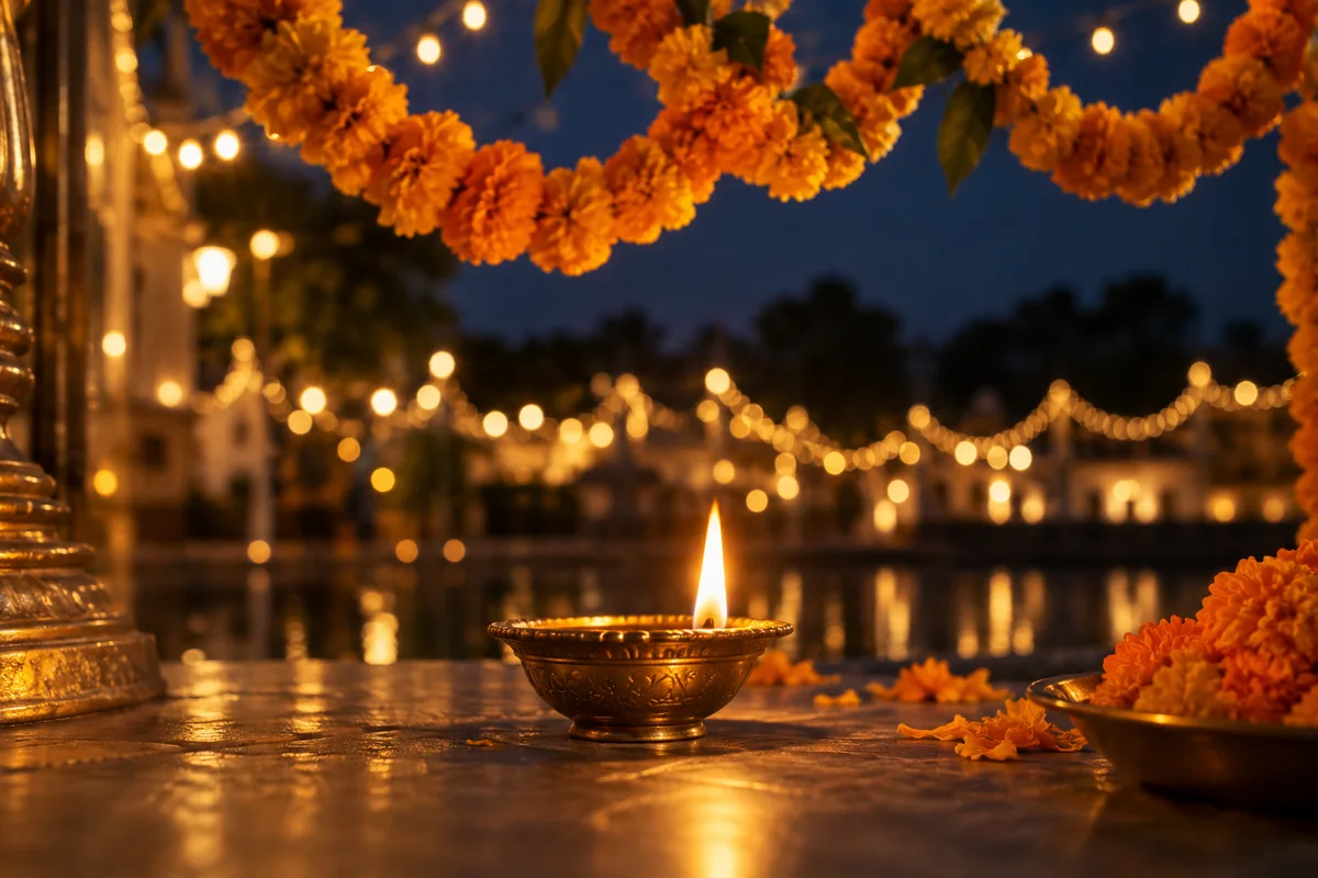 A glowing diya surrounded by marigolds and warm festival lights